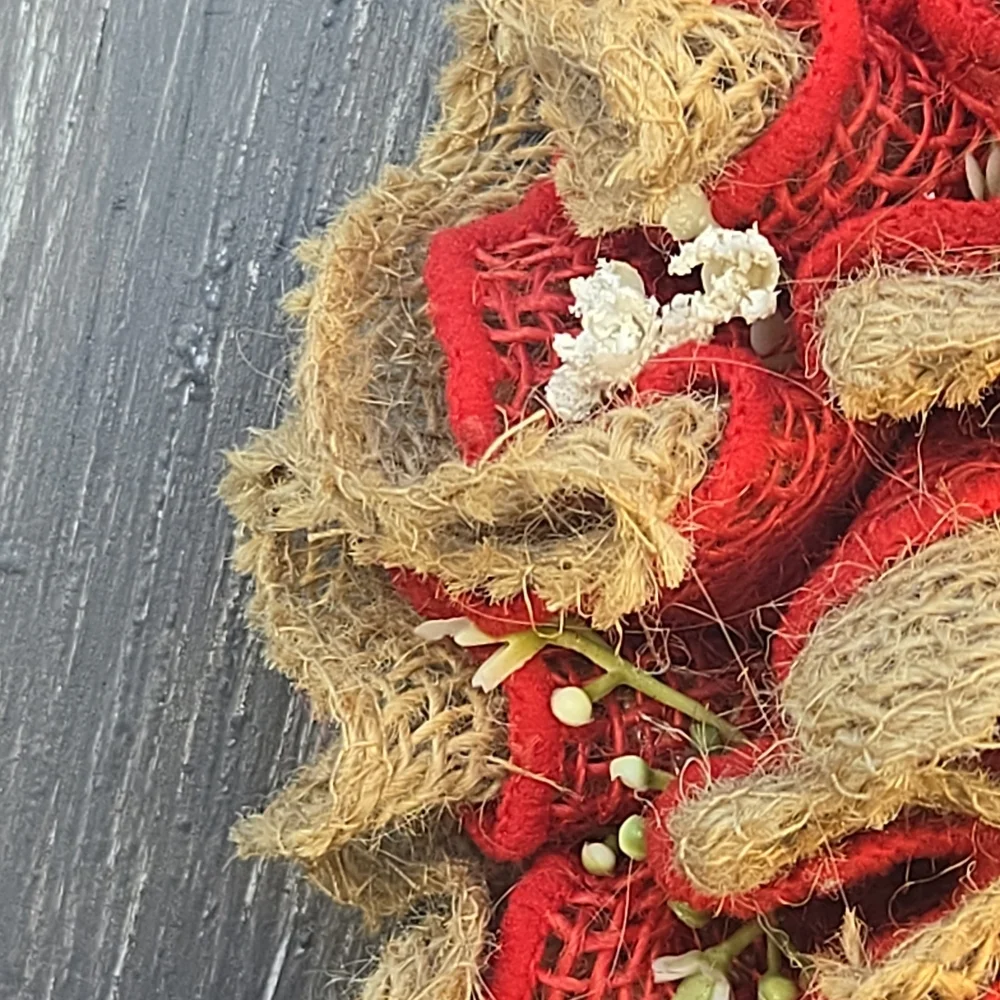 Handmade Rustic Heart-Shaped Burlap and Red Wreath Valentine's Day Wall Hanger